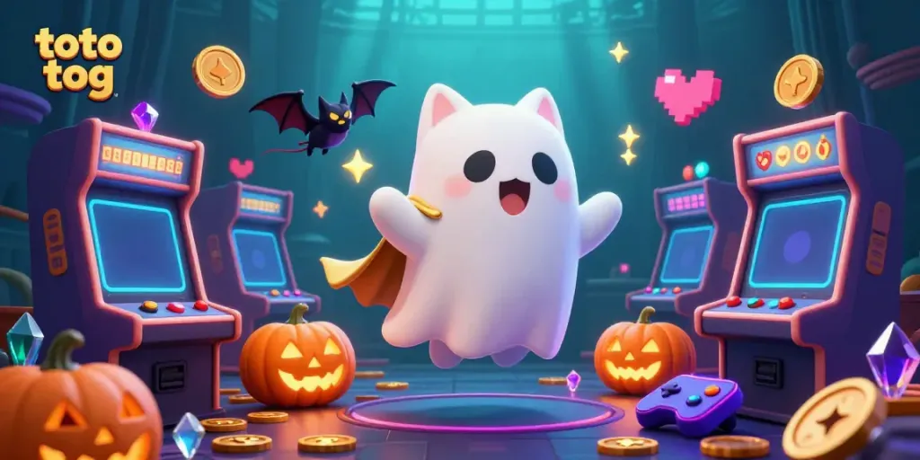 Engage in thrilling moments with toto tog in a haunted casino featuring a ghost cat, vampire bat, and glowing symbols.