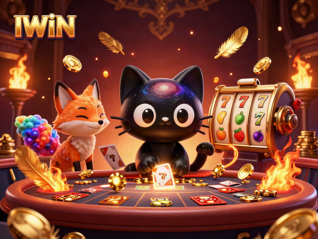 IWIN engages players at a cosmic casino table, surrounded by vibrant game elements and golden tokens.