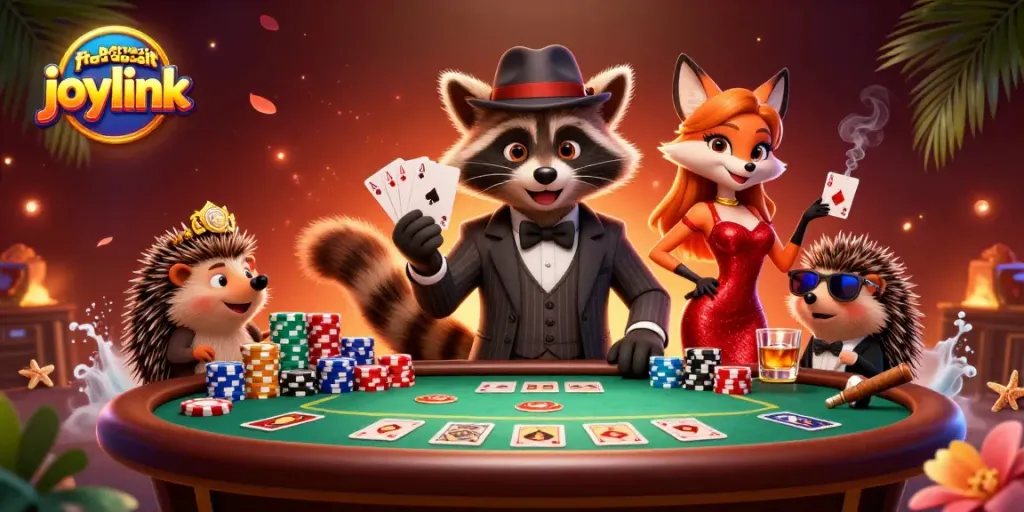 Claiming free credit no deposit joylink at a lively casino with vibrant characters.