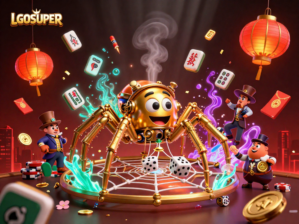 Engage with LGOSUPER's captivating 3D casino scene, featuring steampunk elements and interactive gaming motifs.