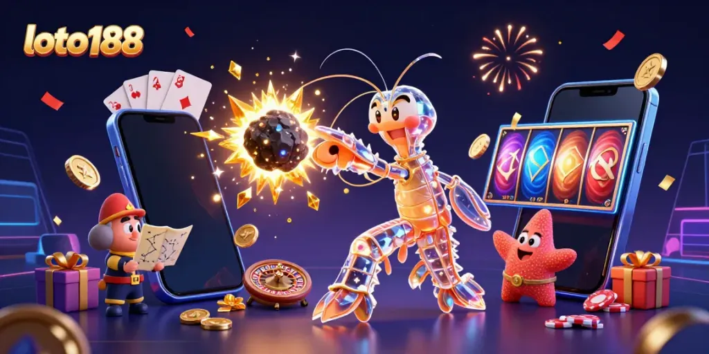 Experience the excitement of loto188 with a vibrant 3D casino scene featuring colorful slot games and animated characters.