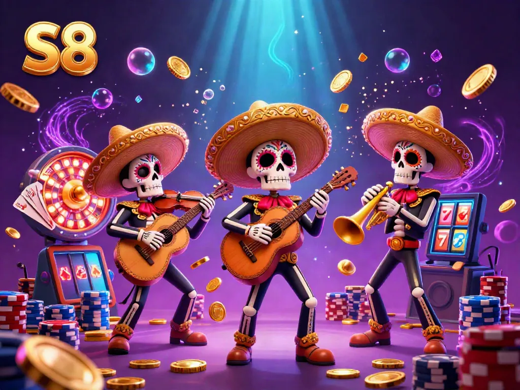 S8 features a lively mariachi band celebrating gambling with colorful coins, cards, and a roulette wheel.