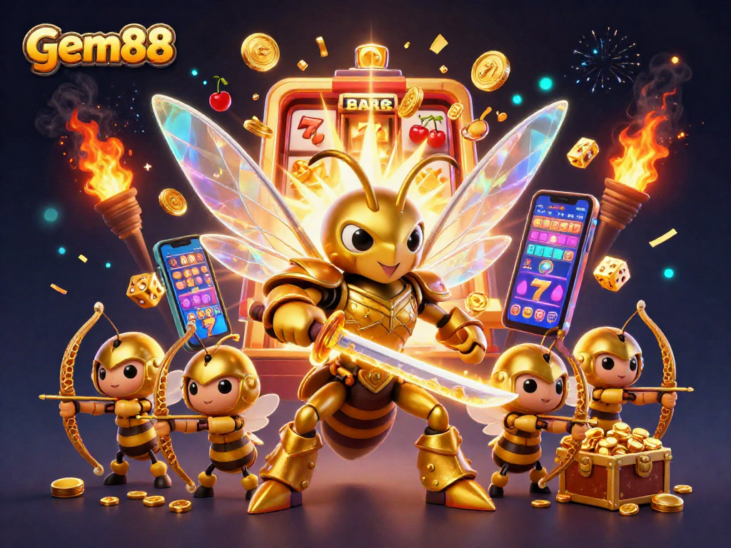 Experience the excitement of gem88 with dynamic golden hornet samurai and casino elements.
