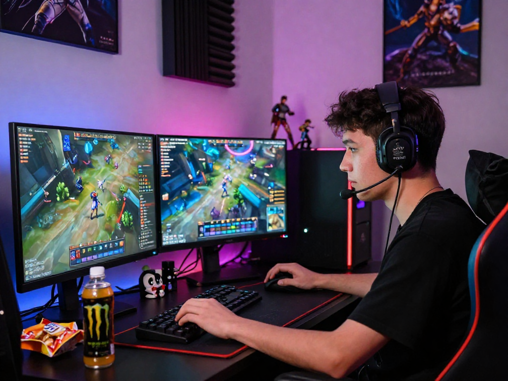 Player immersed in gaming on mpocash.blog, featuring dual monitors and colorful LED lights.