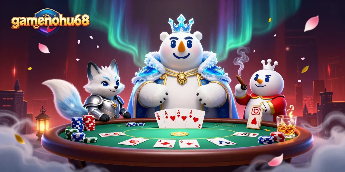 Win big with gamenohu68 at the vibrant casino scene featuring poker elements and dynamic characters.