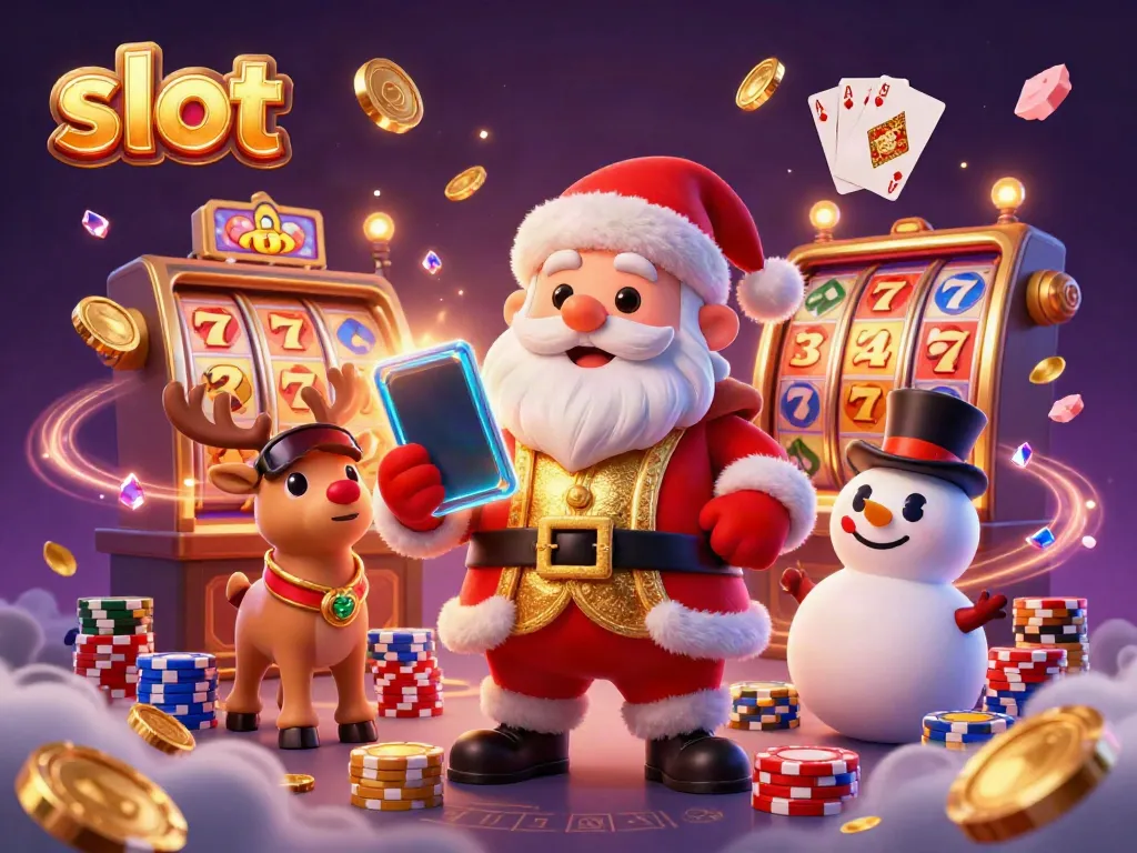 Experience thrilling slot action with Santa, his reindeer, and a snowman in a vibrant casino setting.