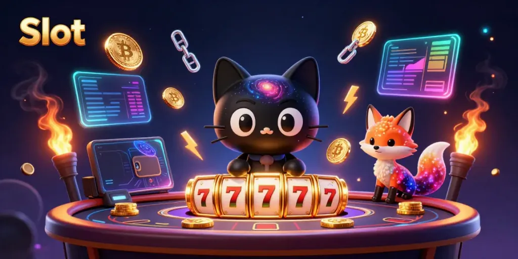 Permainan Slot dengan karakter kucing hitam dan rubah nebula, menarik chip emas dalam kasino virtual.