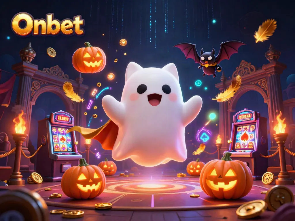 Onbet ghost cat and golden bat engage in thrilling casino adventure with glowing artifacts.