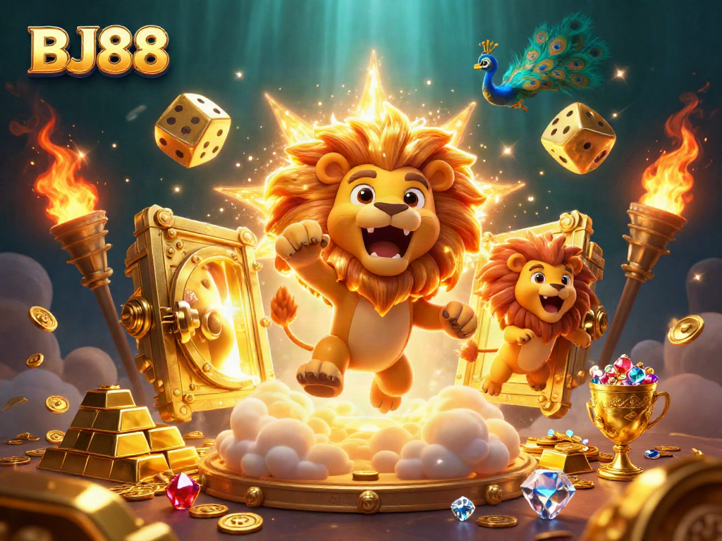 BJ88 players relish a vibrant casino scene filled with golden treasures and animated characters.