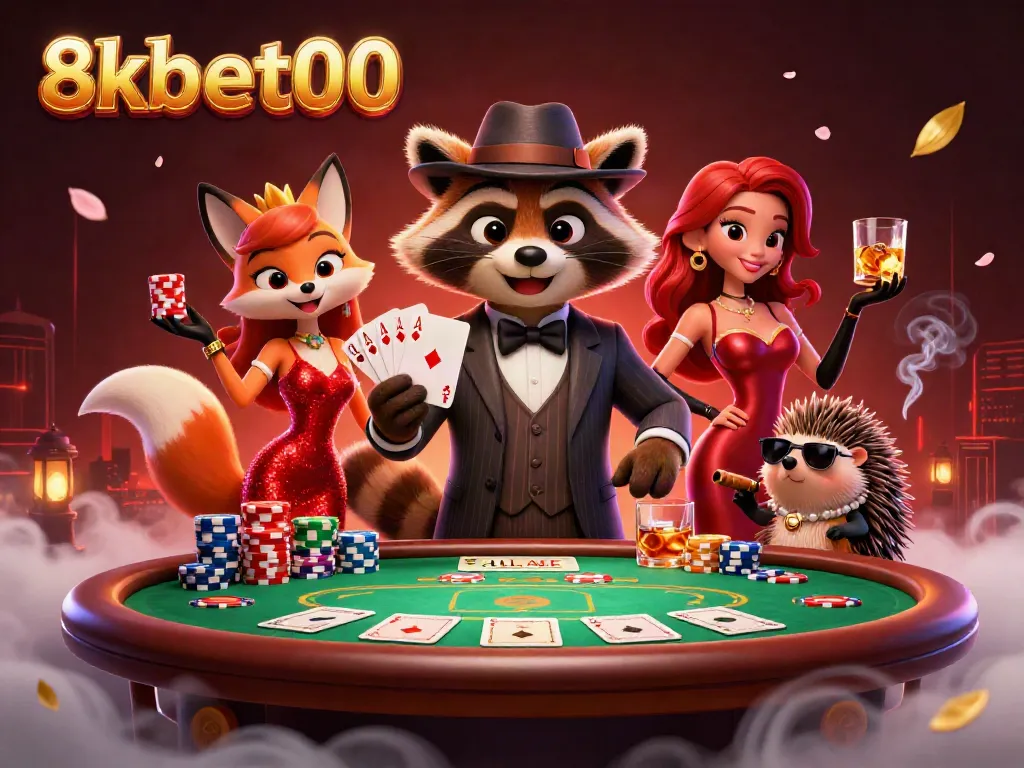 Engaging 3D scene at 8xbet00 showcasing a raccoon in a pinstripe suit with poker chips and cards