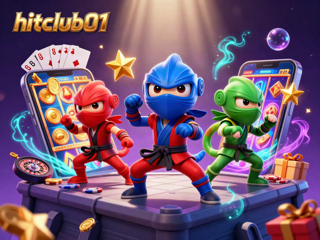 Hitclub01 showcases a thrilling scene where ninja chameleons engage with vibrant casino symbols.