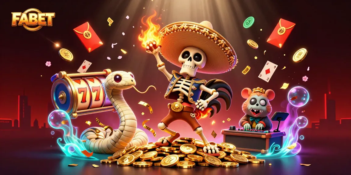 FABET showcases exciting spins and wins with vibrant slot reels and festive characters celebrating luck.