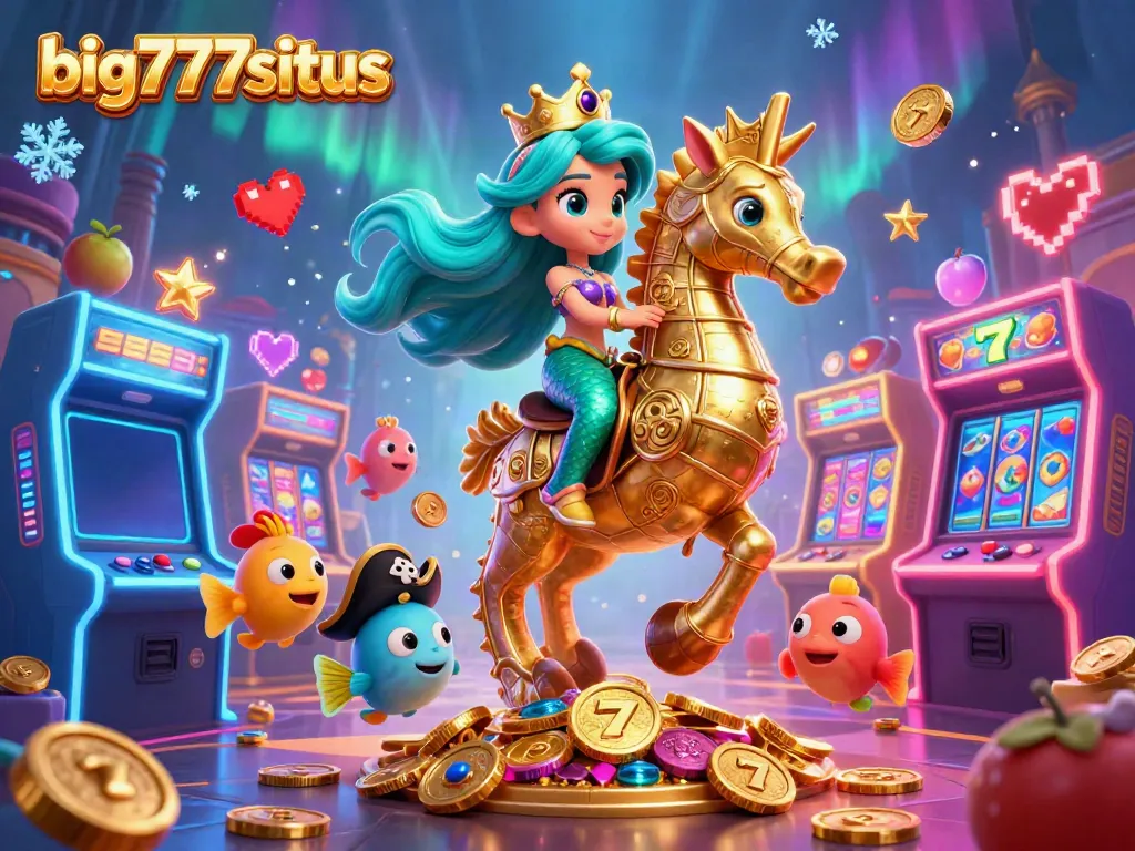 Engaging gaming scene with the big777situs mermaid and seahorse among colorful slot elements.