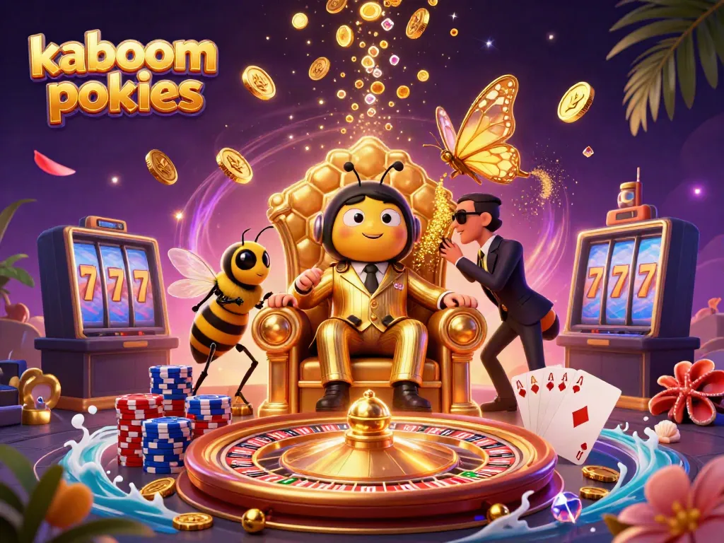 Experience kaboom pokies in this vibrant 3D scene with a bumblebee mob boss and casino elements.