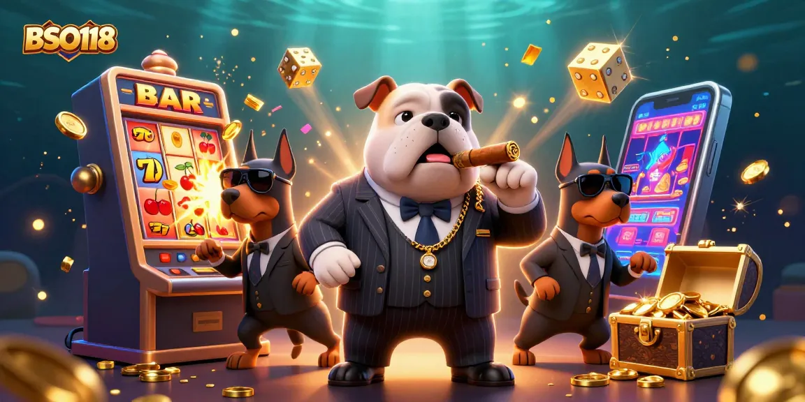 Engage with BSO118's vibrant 3D casino scene featuring a mafia bulldog and jackpot explosion.