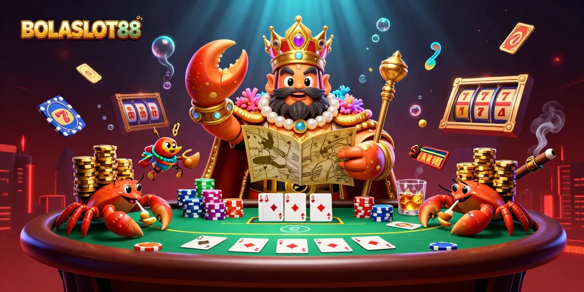 BOLASLOT88 showcases a lively 3D scene with a golden crab emperor and poker elements, perfect for casino enthusiasts.