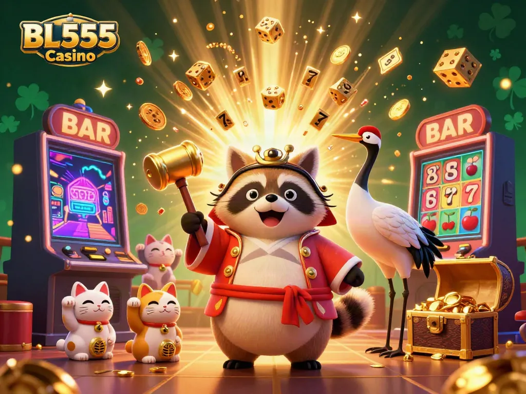 Experience winning moments at BL555 Casino with cheerful cartoon characters, slot machines, and colorful game elements.