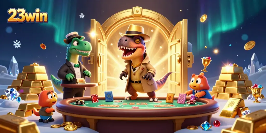 23win velociraptor at a blackjack table with treasure around, vibrant casino scene.