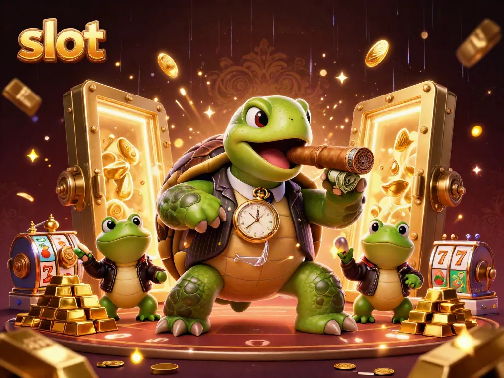 Slot yang menggiurkan, menampilkan kura-kura besar dan penegak bullfrog di kasino dengan harta berkilau.