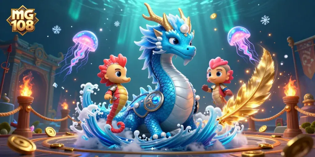 Menangkan permainan judi online dengan mg 108 yang menampilkan naga dan ksatria laut dalam ilustrasi berwarna-warni.