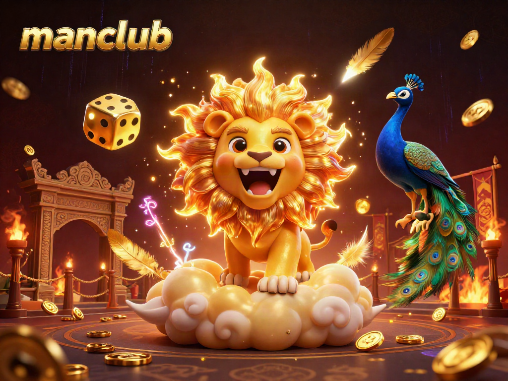 Experience thrilling wins at manclub with a vibrant 3D casino scene featuring lucky dice and a roaring lion.