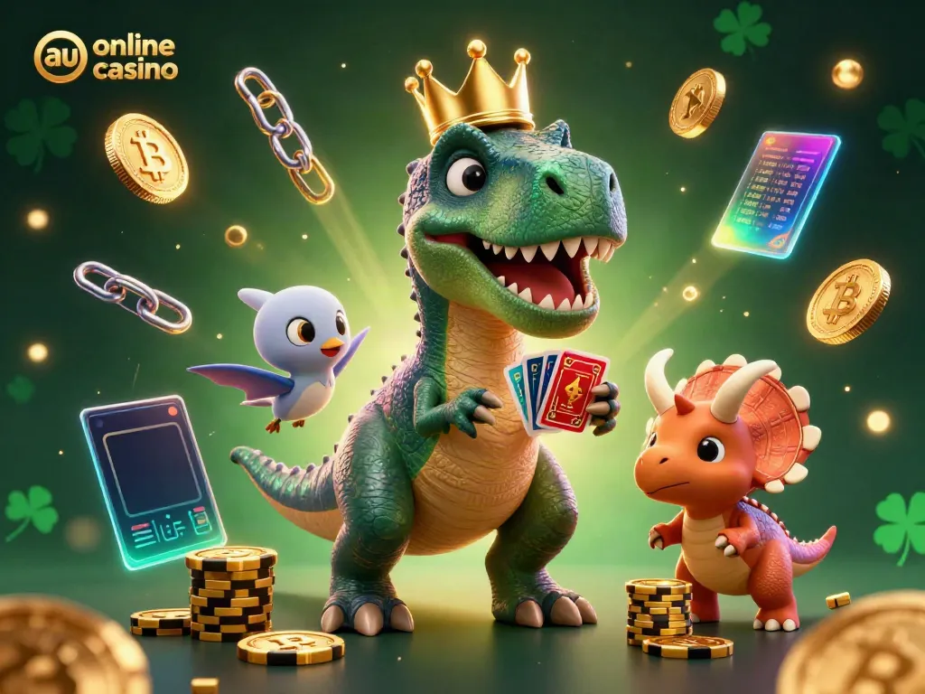 Engage with the thrilling experience of au online casino through playful animated characters and vibrant casino elements.