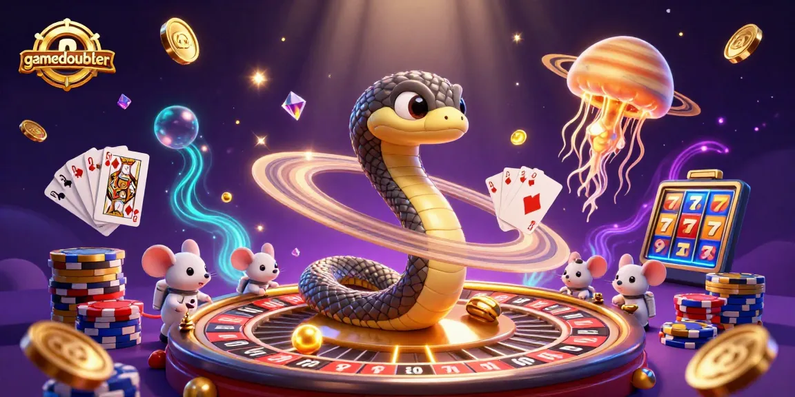 Bet on gamedoubler with a vibrant cosmic scene featuring cartoon characters, casino elements, and dazzling prizes.