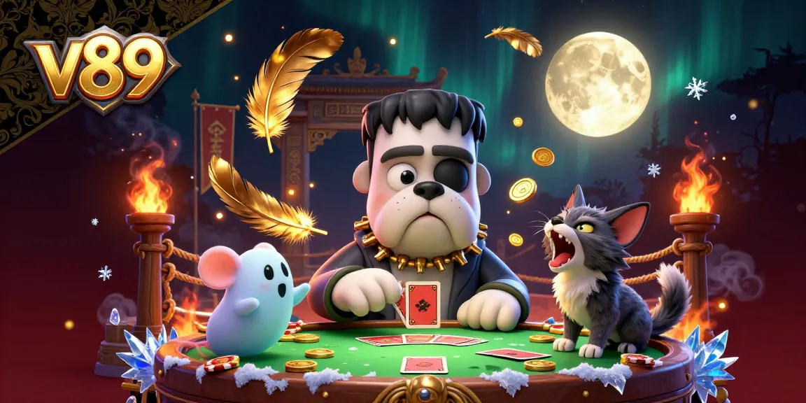 Menghadirkan keseruan di kasino dengan v89, bulldog Frankenstein memainkan kartu di meja yang spooky.