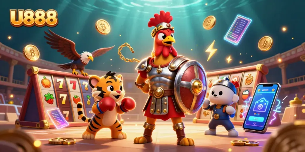Engage with U888 in this vibrant 3D casino scene featuring a gladiator rooster and slot game elements.