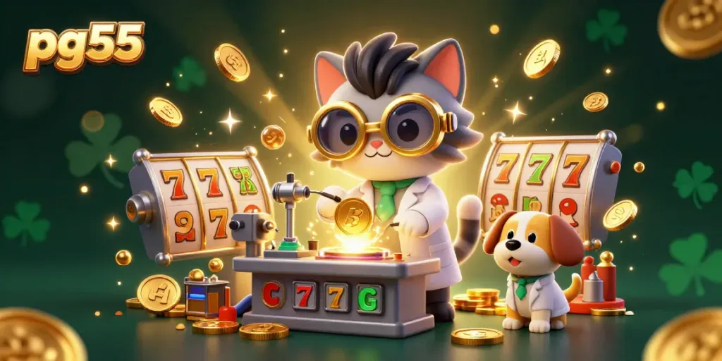 Experience thrilling payouts with pg55 in this dynamic casino illustration featuring a mad scientist cat and lab assistant.