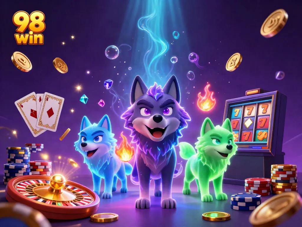 Experience the thrill of gaming at 98 win with a dazzling 3D wolf pack leader surrounded by casino elements.