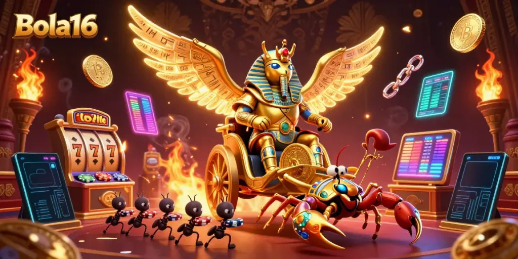 Bola16 casino gaming scene featuring a scarab beetle and jewelry-studded scorpions with lively jackpots.