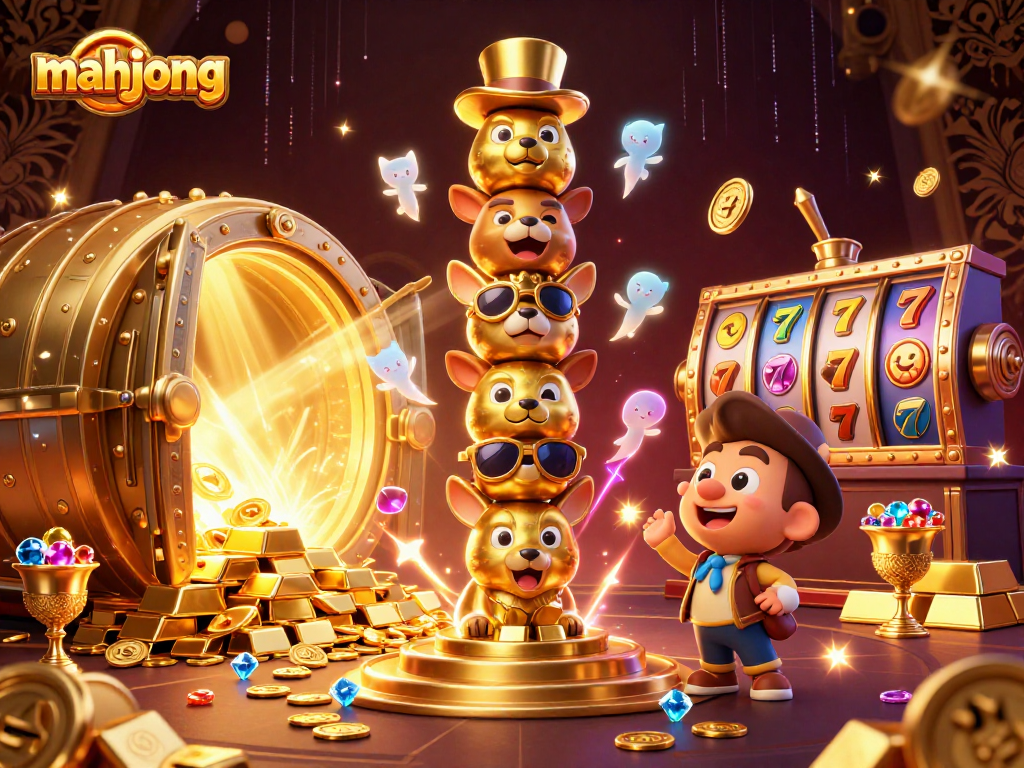 Engage in mahjong excitement with vibrant slot reels and animated golden treasures.