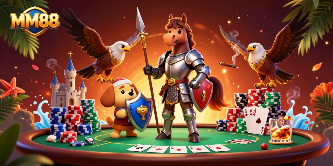 Experience thrilling gaming action at MM88 with a knightly poker scene featuring dynamic characters.