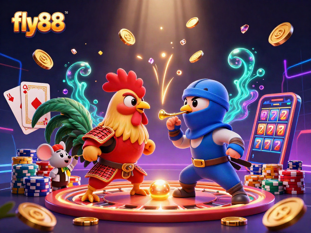 Experience the thrill of fly88 with epic rooster duels in a vibrant casino showdown.