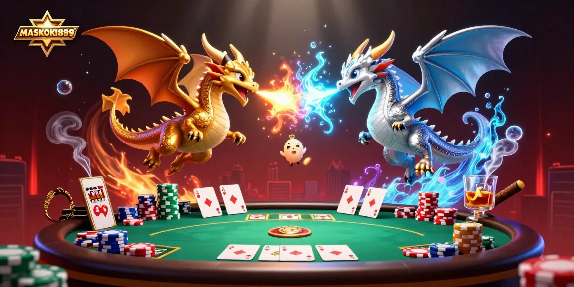 Experience the thrilling action of MASKOKI889 with vibrant dragons battling in a rich casino ambiance.