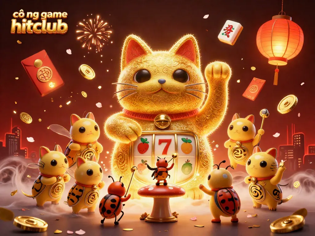 Cổng game hitclub features a dynamic scene with a golden lucky cat and vibrant casino symbols.