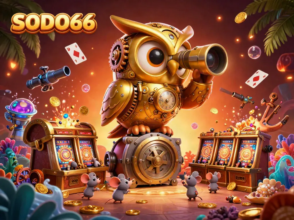 Engage with SODO66 as the golden owl scans a vibrant casino filled with adventure and winnings.