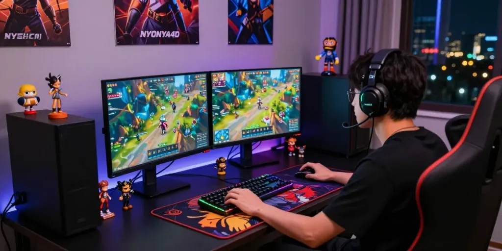 A gamer intensely focused on the nyonya4d game, surrounded by a dual monitor setup, LED lights, and gaming accessories in an energetic gaming room.