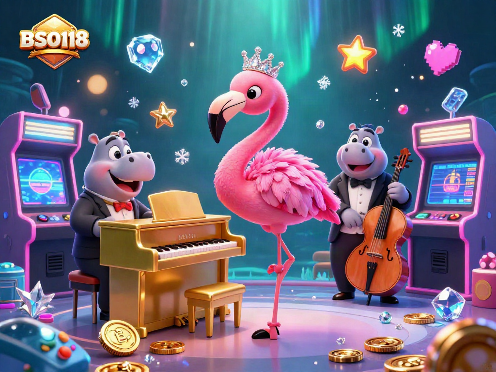 Experience BSO118's enchanting casino scene with lively characters, glowing game machines, and vibrant visuals.