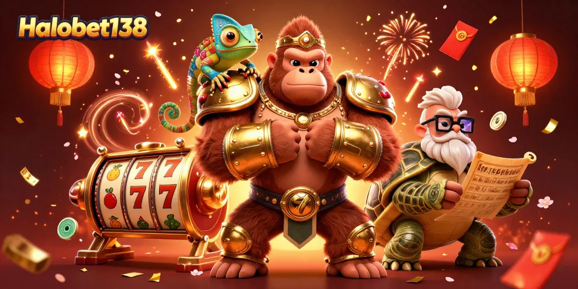Halobet138 showcases a powerful gorilla king in a casino scene with vibrant gaming symbols and festive elements.