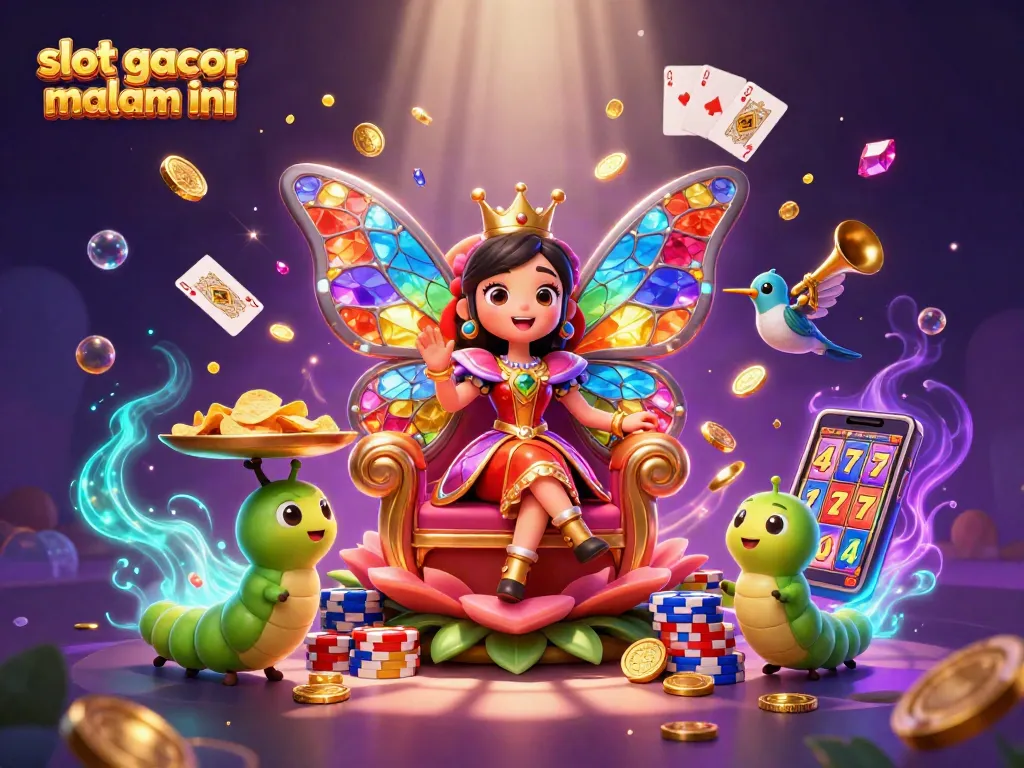 Permainan slot gacor malam ini dengan ilustrasi sosok ratu kupu-kupu dan elemen kasino yang atraktif.