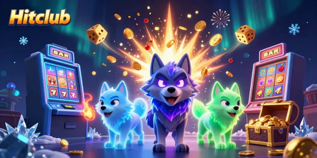 Hitclub features a shadow wolf leader with glowing eyes, surrounded by vibrant casino elements for an electrifying experience.