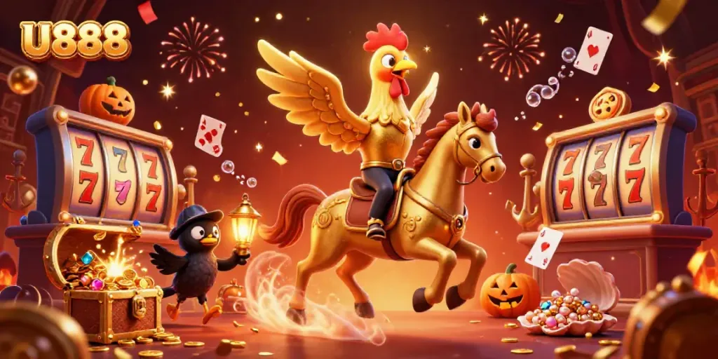 Experience U888 through this vibrant illustration of a golden rooster enjoying the casino's slot action.