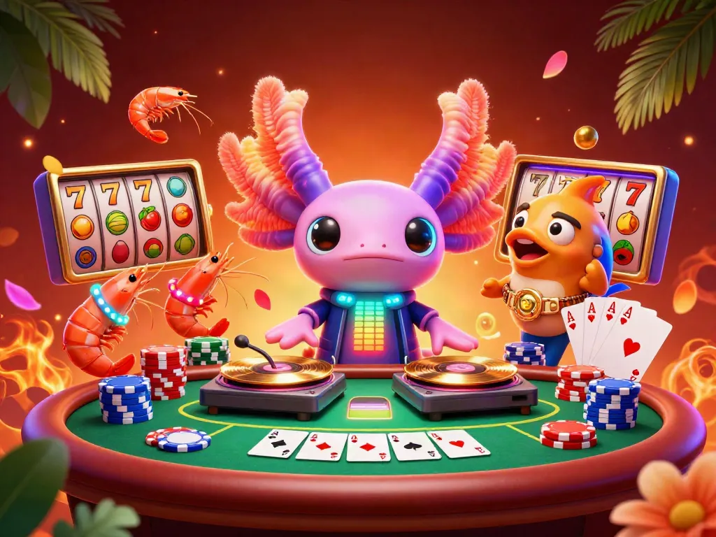 Gambarkan keseruan situs janda4d dengan DJ axolotl dan elemen mesin slot berwarna-warni.