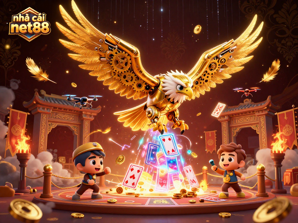 nhà cái net88 features an epic casino scene with a dynamic cybernetic eagle and holographic cards.