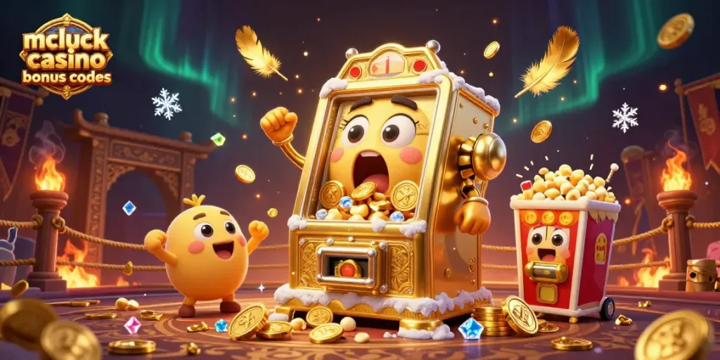 Spin to win with mcluck casino bonus codes as the golden slot machine celebrates a jackpot!