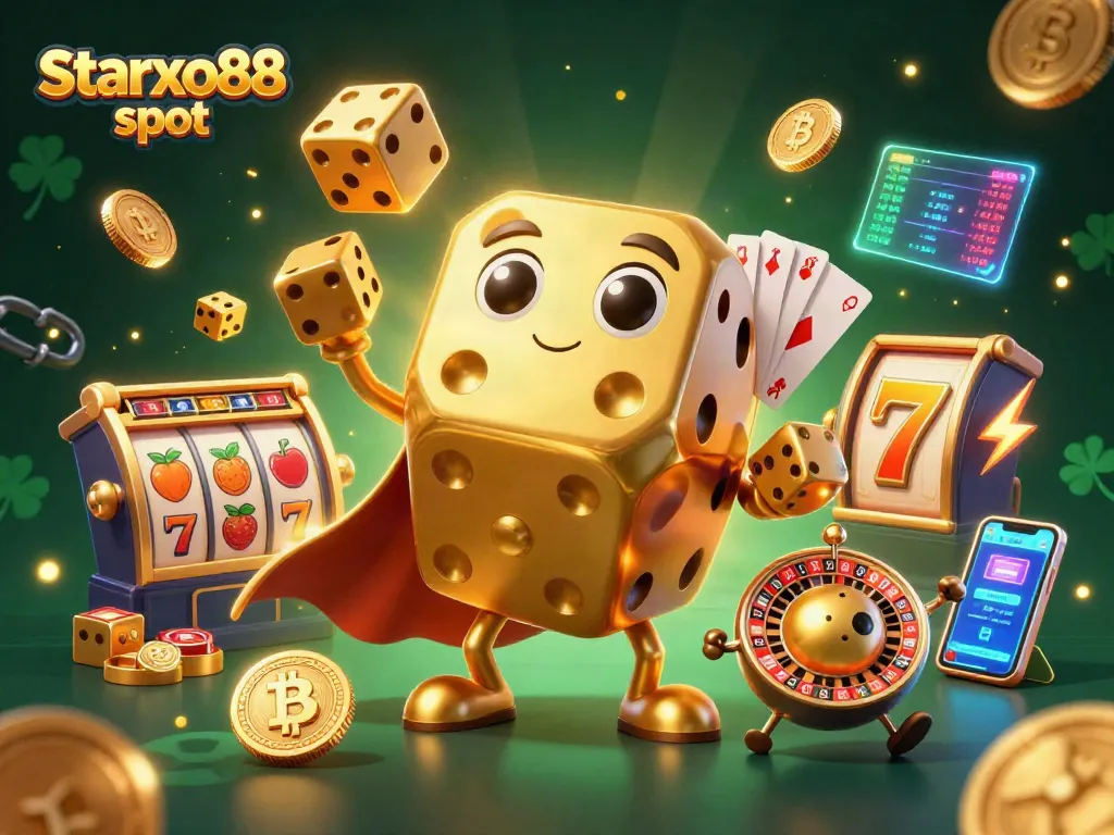 Experience the excitement of starxo88 slot with golden dice golem and vibrant slot elements!