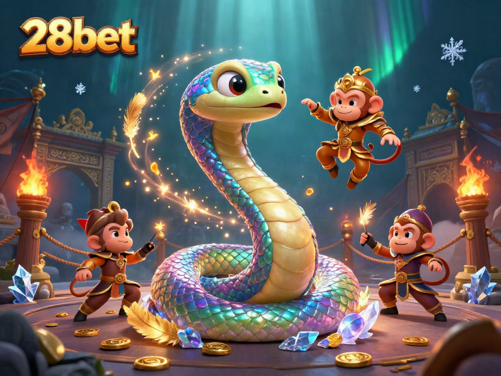 Engage with the vibrant world of 28bet, featuring a playful monkey king and a majestic rainbow serpent.