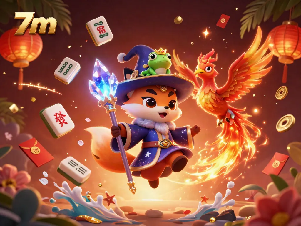 Engage with 7m as a mystical wizard fox navigates a vibrant casino scene, showcasing magic.